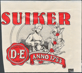 710089 Suikerzakje van Douwe Egberts (DE, Anno 1753), Suiker, met fabrieken in Joure en Utrecht. Met op de achterzijde ...